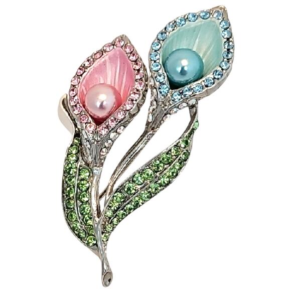 Source Unknown Jewelry - Vtg Gorgeous Chic Dual Bloom Brooch with Pink and Blue Pearls and Green Crystals